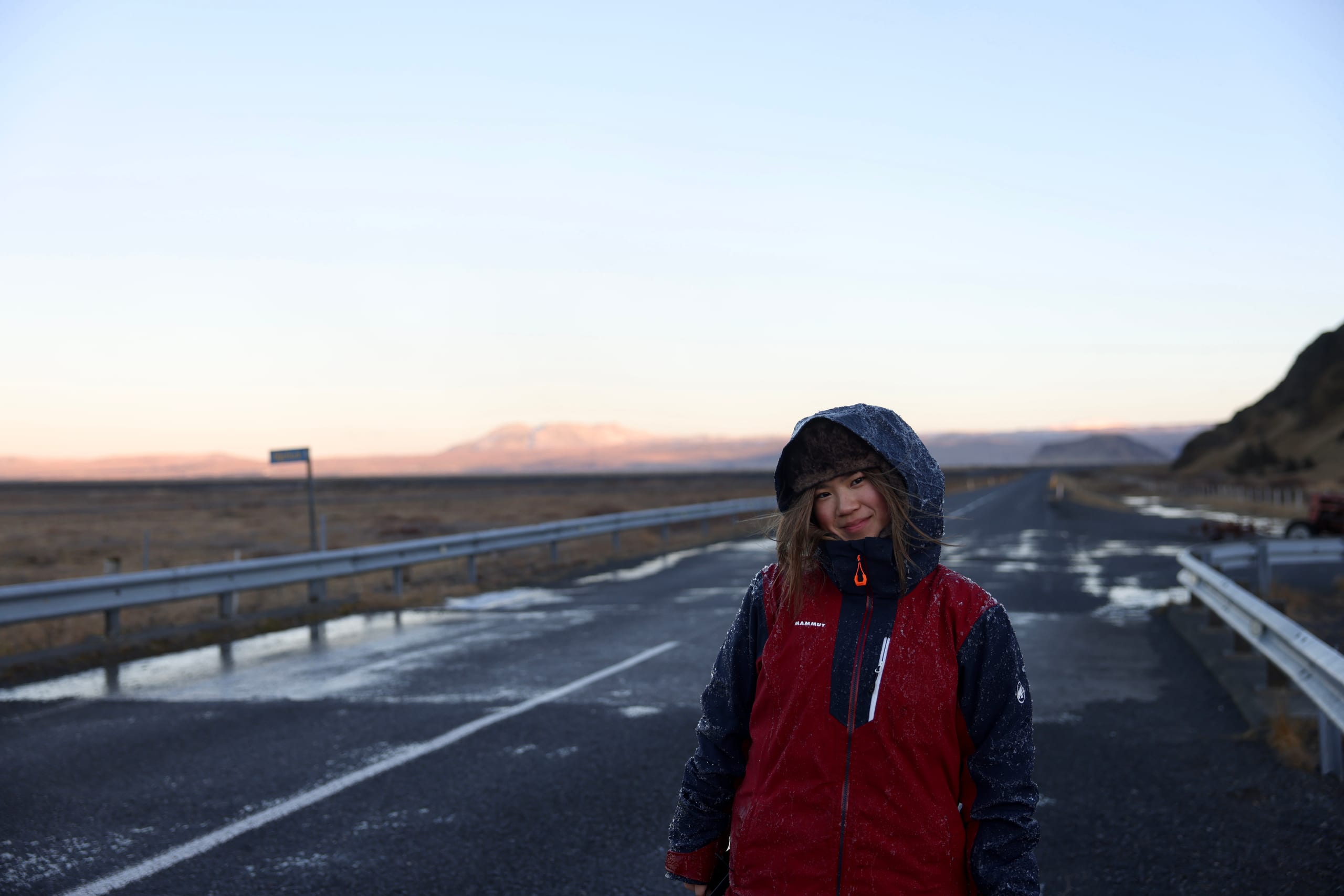 Bundled up, Ring Road dusk — Iceland